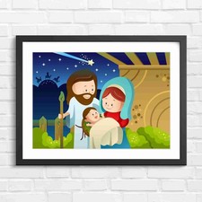Cute Baby Jesus Family Nativity Scene Original Framed Wall Art Print Large