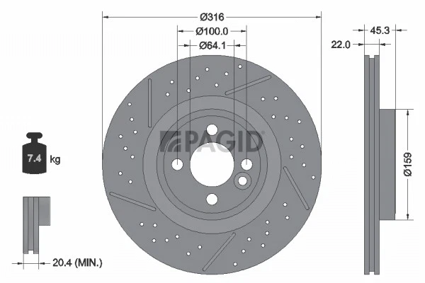 PAGID Disques De Frein Intérieurs Aérés Rainurés Perforés Ø316mm Pour MINI Mini - Photo 1/1