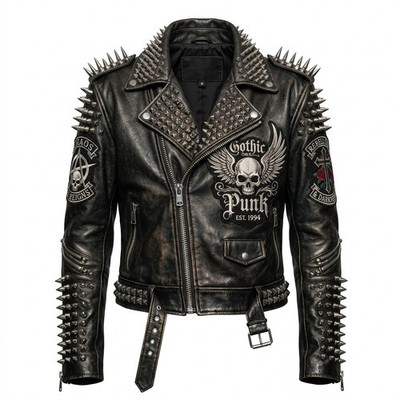 Men s Studded Punk Leather Jacket   Gothic Skull Biker Rocker Coat