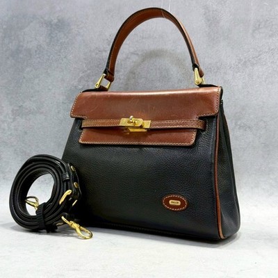 BALLY 2Way Leather Top Handle Shoulder Bag Black Brown Turn Lock Vintage Trim 