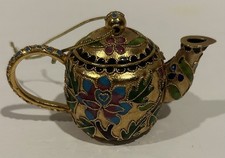 Cloisonne Mini 2" Teapot Christmas Ornament Enamel Gold with Leaves and Flowers