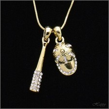 Baseball Cap Bat Set Sports BALLCAP Pendant Necklace Crystal Clear 3D Gold Jewel
