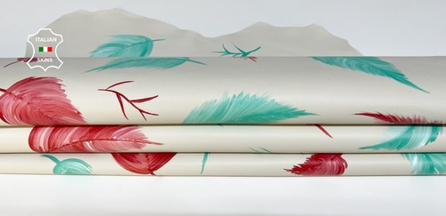 FEATHERS HAND PAINTED ON IVORY Soft Italian Lambskin leather 5sqf 1.0mm #B4290 - Picture 7 of 8