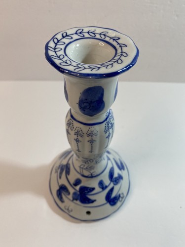 Blue & White Ceramic Candlestick Candle Holder Floral Pattern 8.3"H - Picture 5 of 6