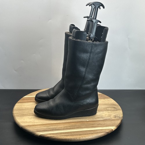 Bama Lams Mid Calf Boots Size 6 Women Black Leather Wedge Heel Fur Lined Zip - Picture 8 of 13