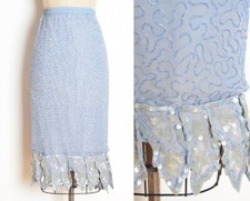 vintage 80s skirt blue silk sequin beaded high waisted leaves trophy XS S