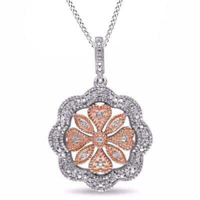 Vtage-Style Flower Pendant Necklace Natural Diamond  14K Gold Plated Sterlg