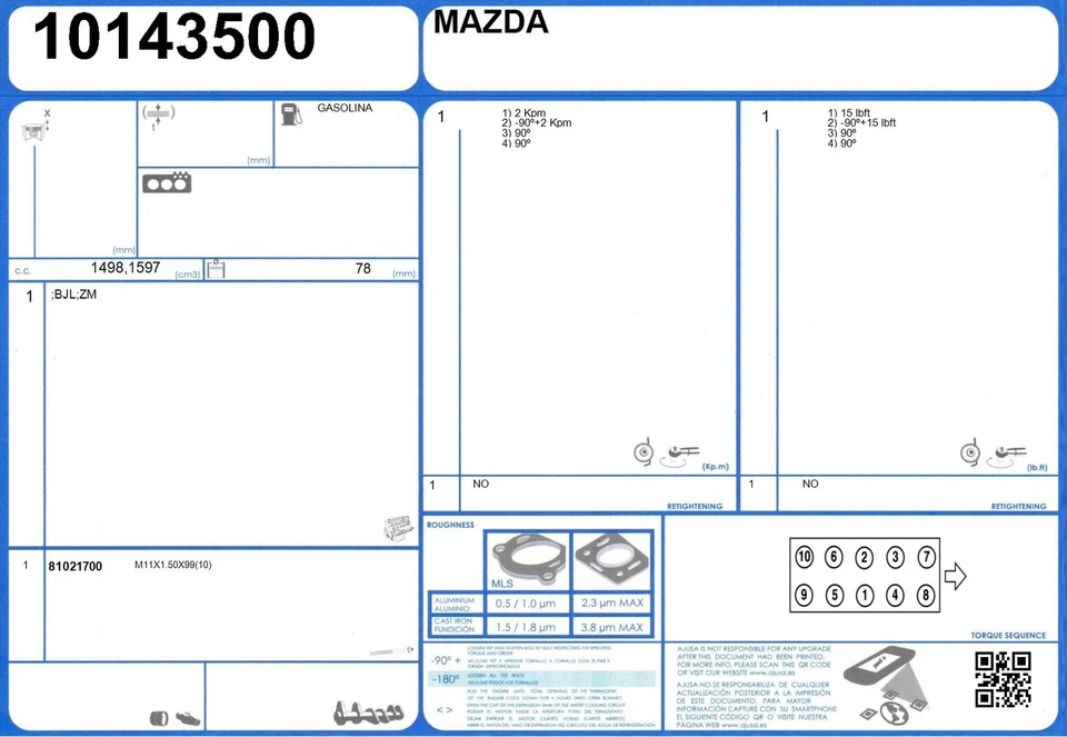 Full Engine Rebuild Conversion Gasket Set MAZDA PROTEGE DX 16V 1.6 (1999-/2001) — 第 2/2 张图片