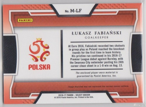 2016-17 Select Soccer Lukasz Fabianski Jersey Relic Card - POLAND GOALKEEPER - Picture 2 of 2