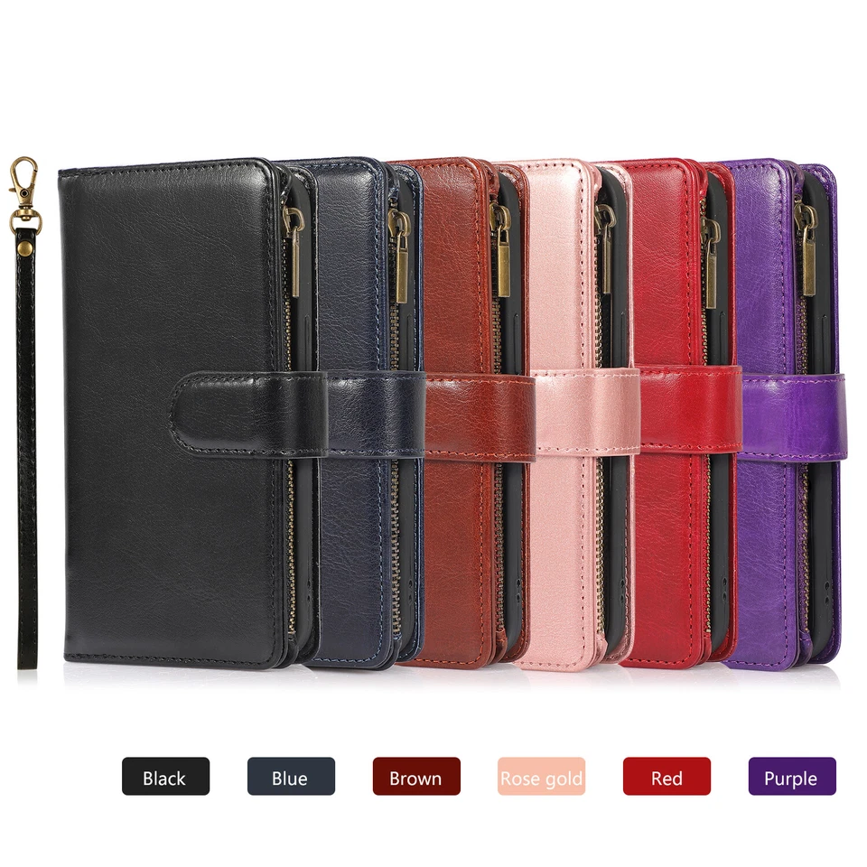 For iPhone 13 12 Pro Max 11 XS XR 8 7 Leather Zipper Card Slot Strap Wallet Case - Image 2 of 4