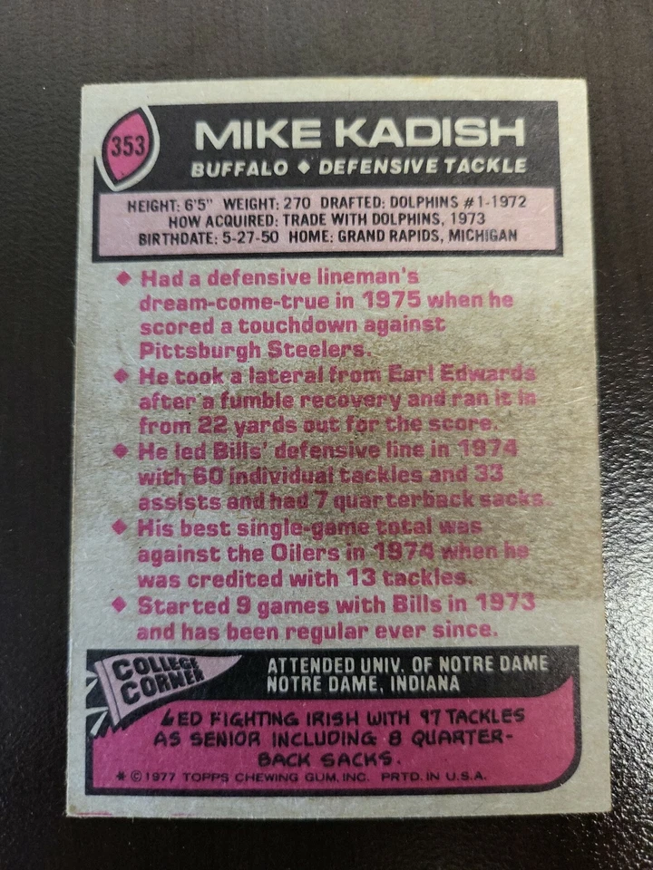 1977 Topps Mike Kadish NRMT card #353. - Image 2 of 2