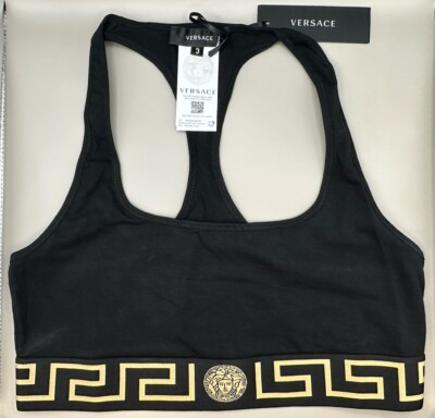Versace Greca Border Scoop Bralette Medusa Logo Cotton Black/Gold Sz 3 Authentic