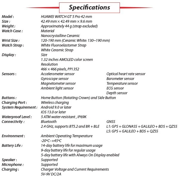 Huawei Watch GT 5 Pro 42mm WHITE CERAMIC 1.32" Bluetooth iOS Android Smartwatch - Image 4 of 4