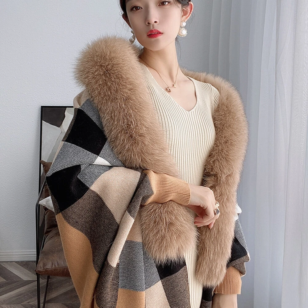 OFF WHITE Abbigliamento donna vera pelliccia di volpe collo scialle mantello pelliccia calda cappotti poncho mantello #1442