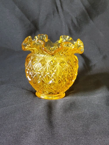 Vintage Fenton Yellow Glass Vase Bowl Diamond Pattern Rippled Edge EXCELLENT