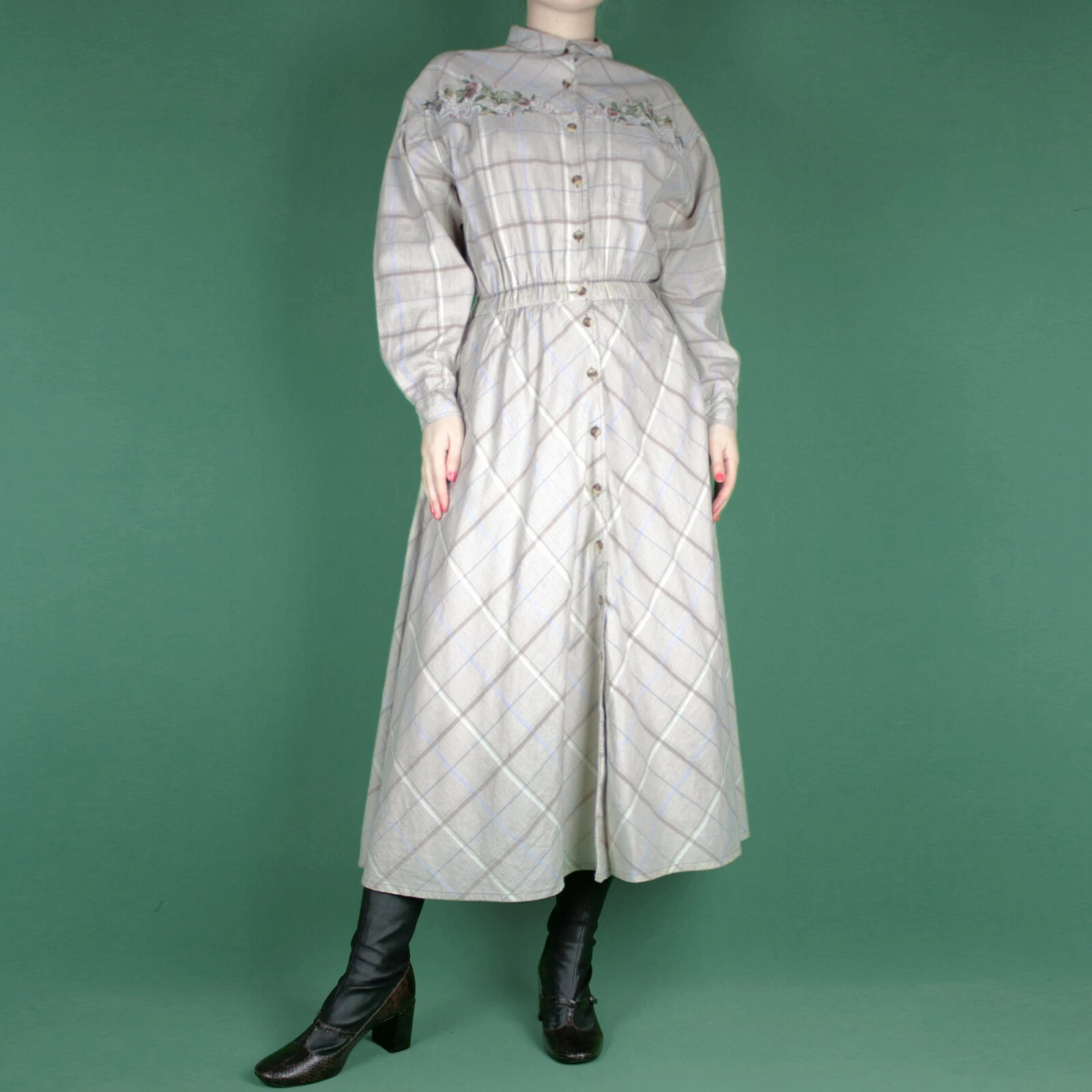VINTAGE 80s Beige Check Midi Boho Floral Embroidered Grunge Pattern Dress XS 8
