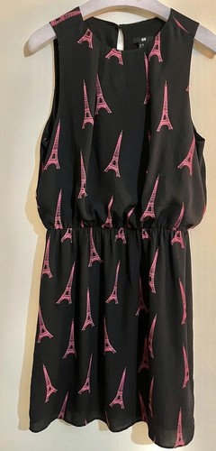 H&M Hot Pink Black Paris Eiffel Tower Print Dress Size 12 14