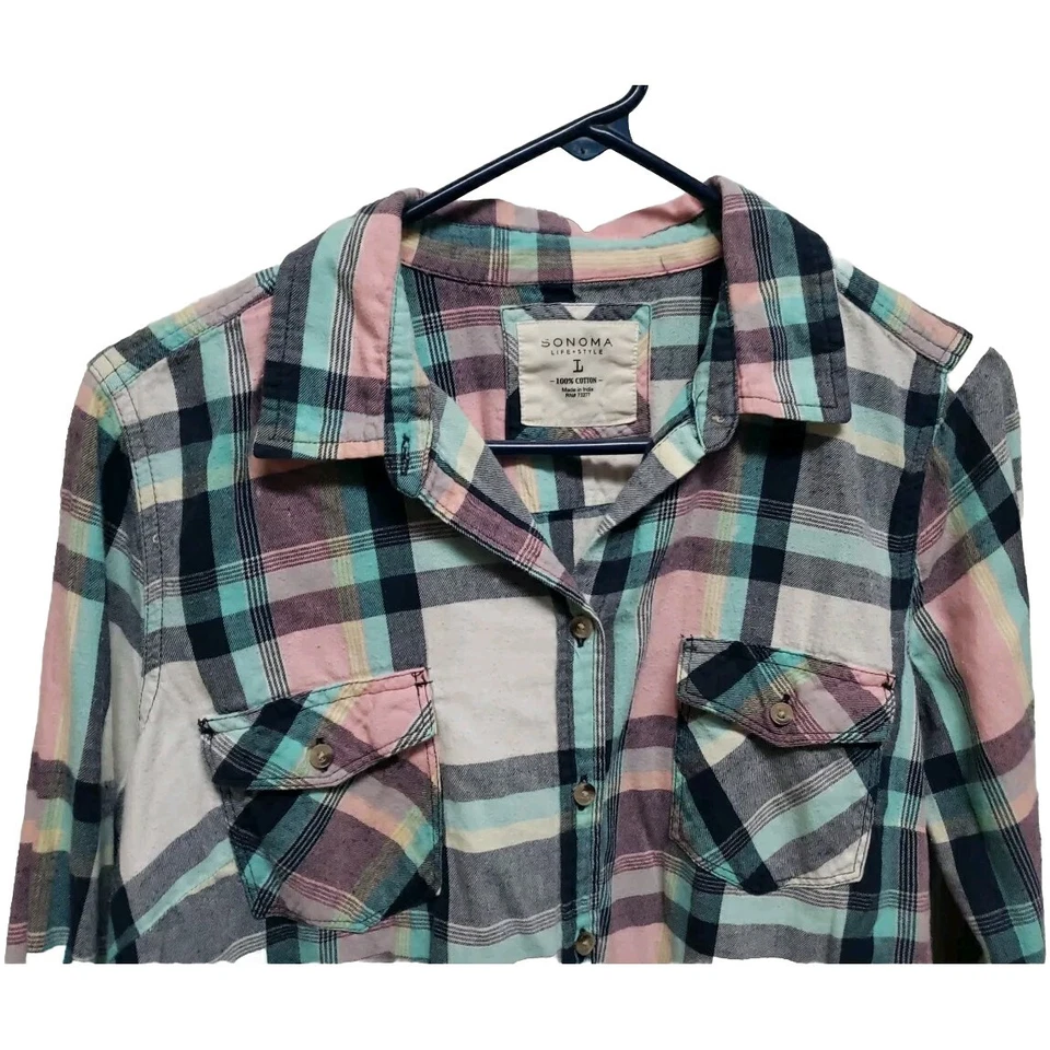 Camisa de franela blanqueada Sonoma para mujer talla L sumergida a mano azul blanco rosa turquesa Foto 3 de 4