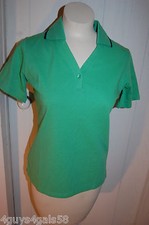 Womens S/S Shirt GREEN POLO Black Collar Trim ONE BUTTON V NECK Size S 4-6