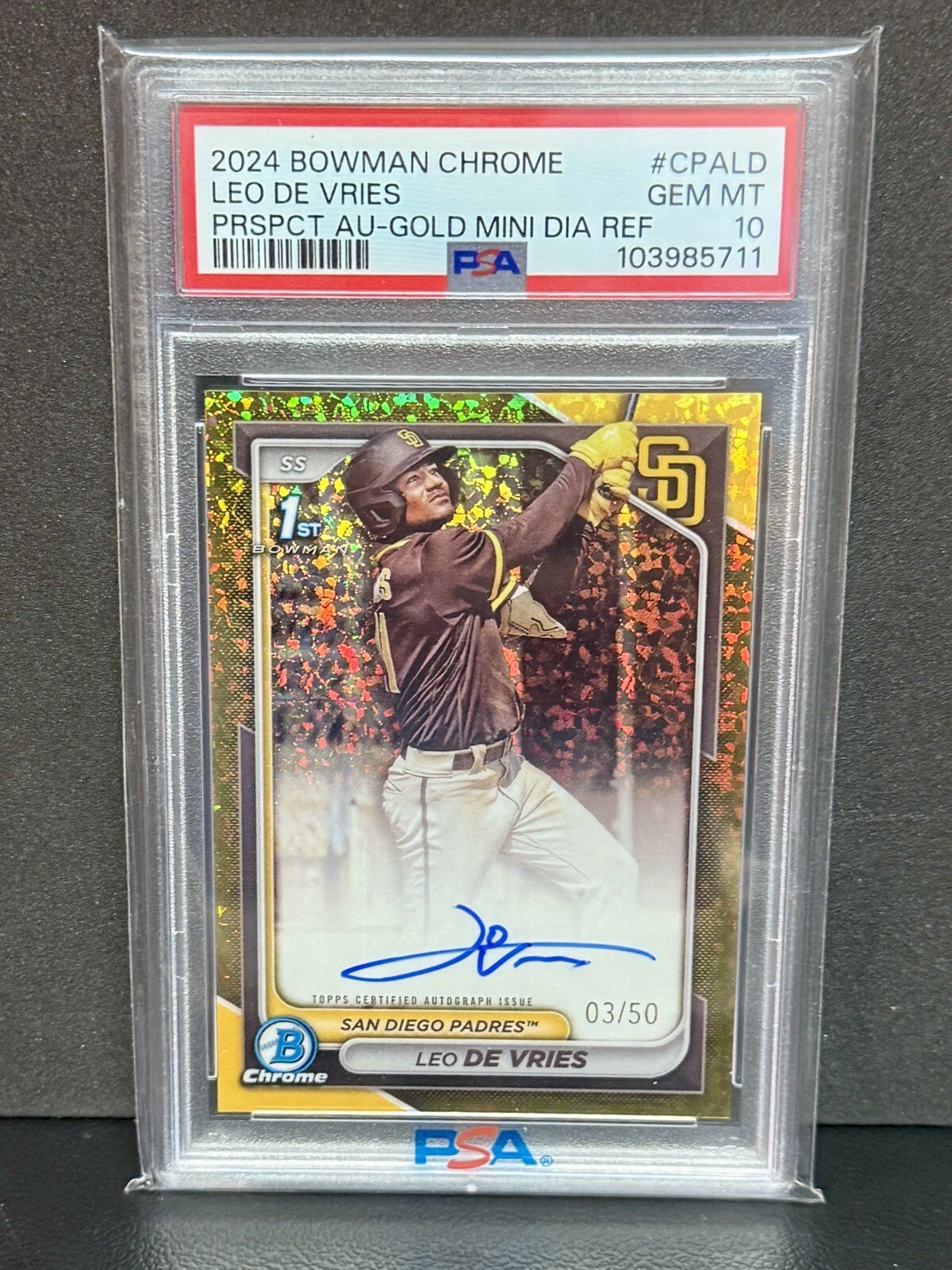 2024 Bowman Chrome Gold Mini Diamond /50 Leo De Vries 1st Bowman AUTO PSA 10