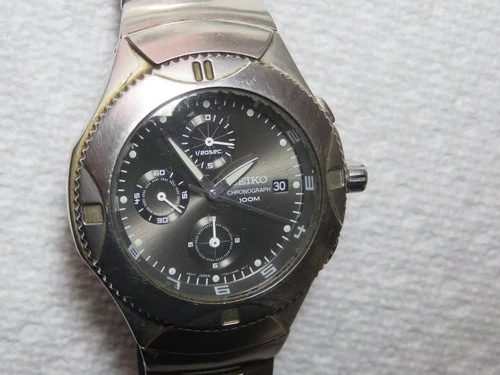 Vintage Men's Seiko Chronograph Alarm Watch Black Dial 100M Stainless Steel