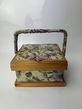 Wooden & Tapestry Lidded Sewing Box Floral Cover With Handle 17x17x10cm