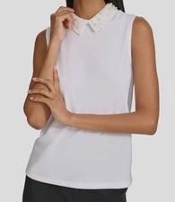 Karl Lagerfeld Women's White Imitation Pearl-Embellished Collared Top Size S