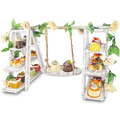 Wooden 3 Tier Cupcake Stand with Swing and Flower Decoration Serving Removabl...