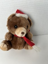 Russ Berrie Small Brown Plush Christmas Bear  Chilly  with Santa Hat Scarf 1980s