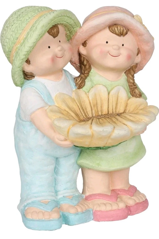 Alpine Corporation Niño y Niña Sosteniendo Girasol Baño para Pájaros 17" Alto Estatua Jardín Foto 4 de 4