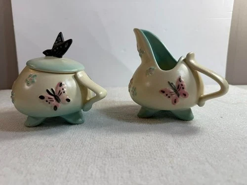 Vintage 1950s Hull Pottery Butterfly Creamer & Sugar Set B19 & B20