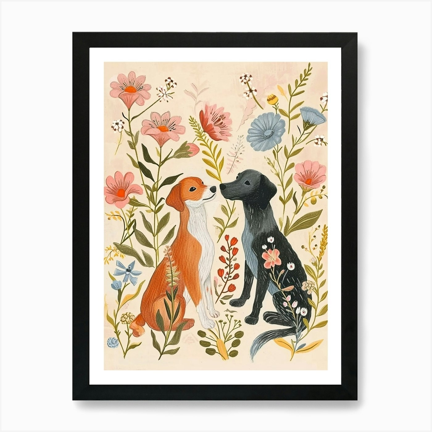 Folksy Floral Animal Drawing Dog 3  Framed Wall Art Poster Canvas Print Picture