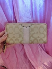 Coach Signature C Zip Around Wallet Tan Light Pink Canvas Leather Trim