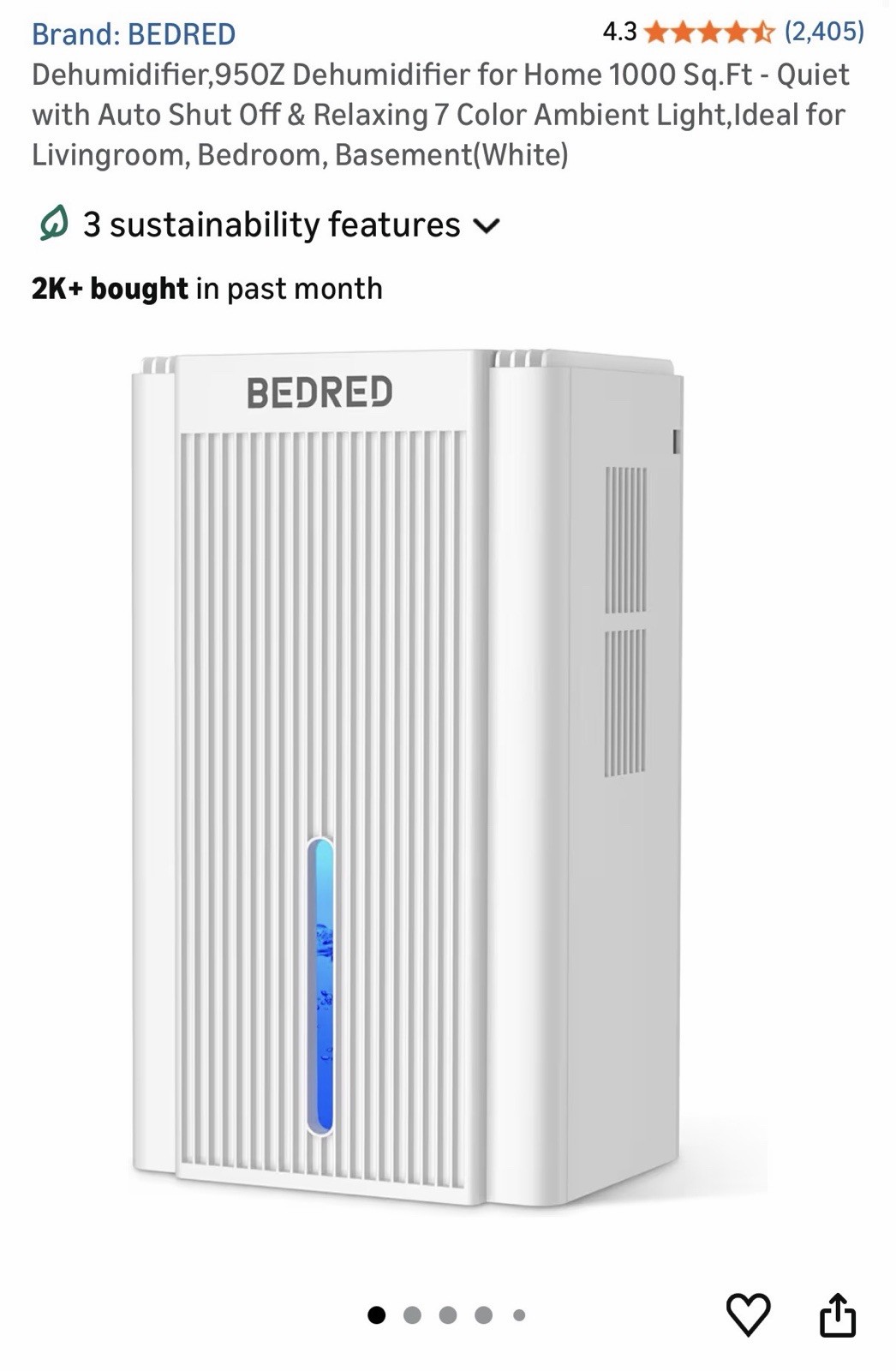 Dehumidifier,95OZ Dehumidifier for Home 1000 Sq.Ft - Quiet with Auto Shut Off