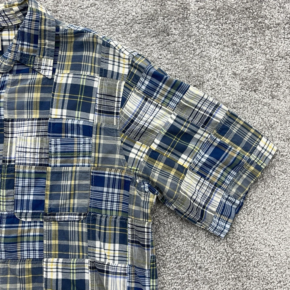 LL Bean Shirt Mens Medium Tall MT Blue Patchwork Plaid Madras Short Sleeve - Image 3 of 4