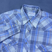 VINTAGE Wrangler Pearl Snap Shirt Mens M 70s Plaid Permanent Press Made In USA