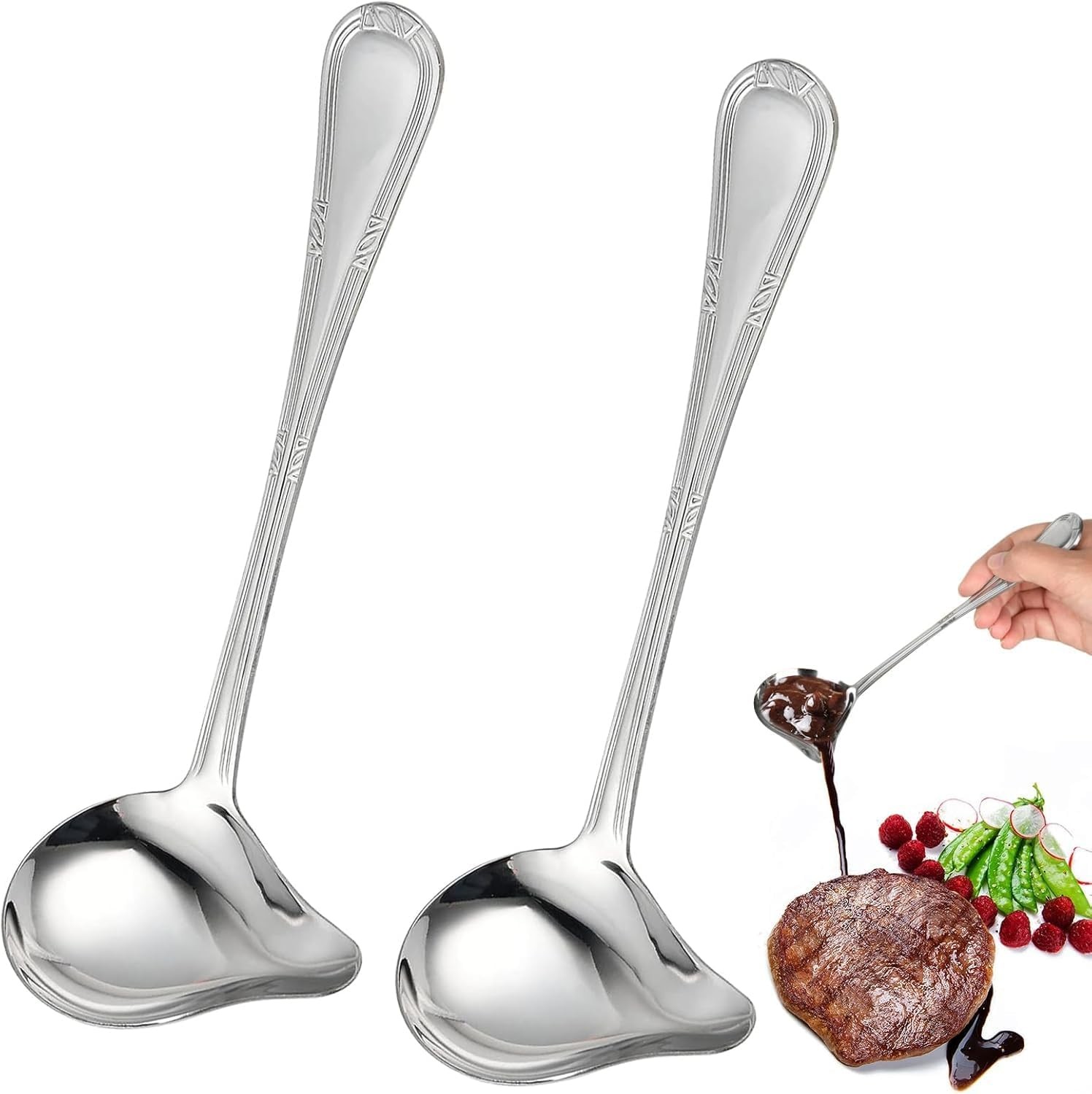 2 Pcs Soup Ladle With Spout, 20.5 cm/ 8.07 Inch Stainless Steel Sauce Drizzle S