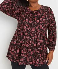 Image of LADIES CURVE BLACK FLORAL LONG SLEEVE TIE NECK BLOUSE PLUS SIZE 30-32 (REF 298)