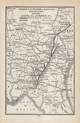1911 Antike Georgia & Florida Eisenbahn Karte Augusta GA nach Madison Florida 2798
