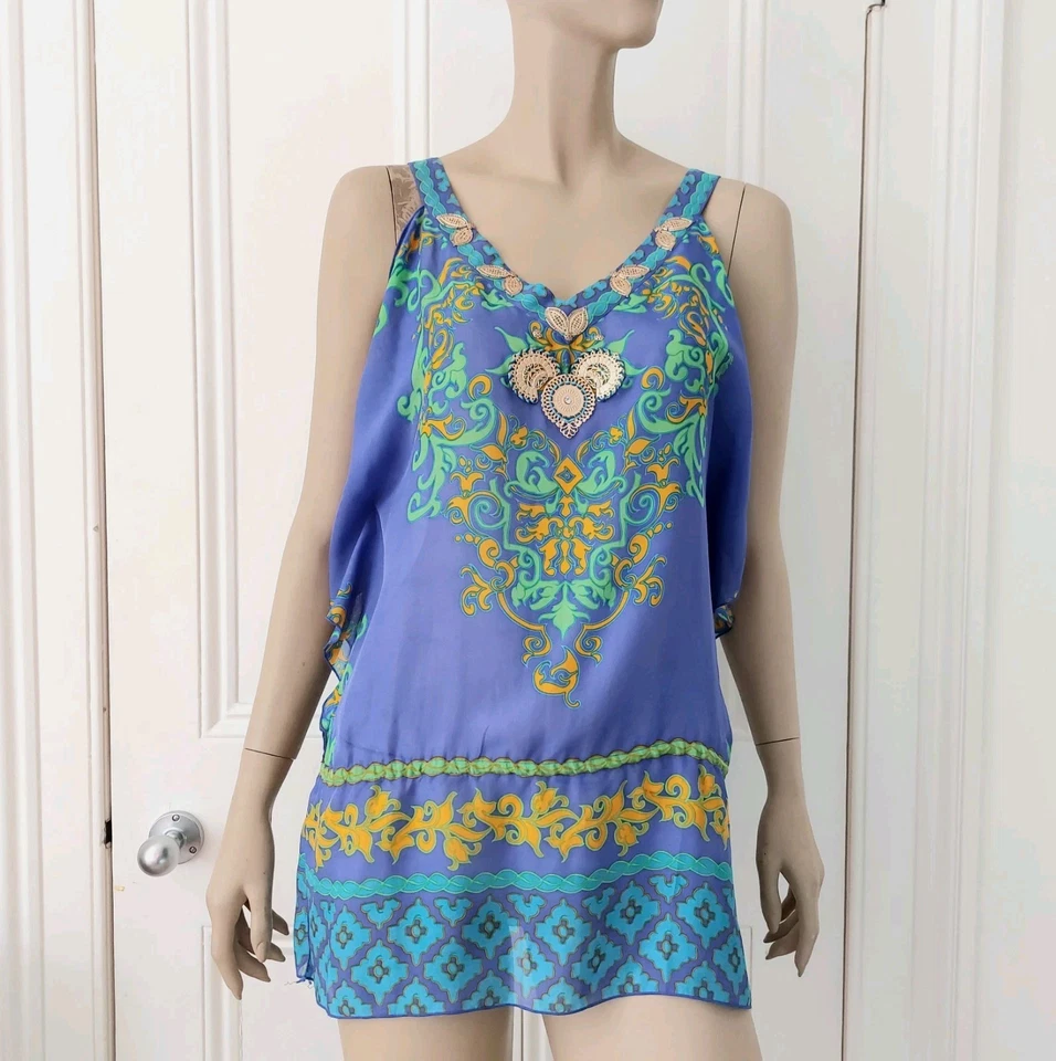 Hale Bob Silk Chiffon Blue Top Size XS / S Beach Metallic Foto 3 de 4