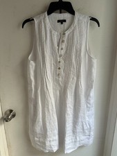 Quince 100% European Linen Sleeveless Swing Dress M White Pintuck Pockets