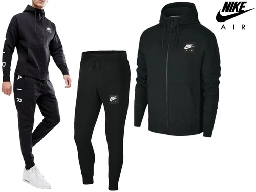 Nike Air Men's Tracksuits Fleece Club Zip Arm Print Hoodie and Joggers Set Black