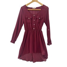 Rewind Burgundy Long Sleeve Button Front High Low Shirt Dress Size S