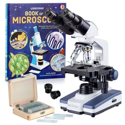 AmScope 40X-2500X LED Binocular Compound Microscope + Book + 25 Prepared Slides
