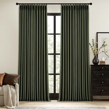 Olive Green Pinch Pleated 100 Blackout Linen Curtains 96 Inch Length 2 Panel...