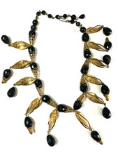 Vintage Necklace Collar Bib Black Plastic Bead Dangle 14 inches