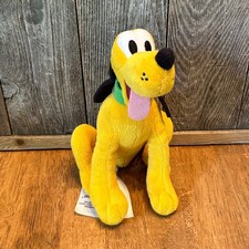 Disney Store Pluto Plush Stuffed Animal Yellow Dog Green Collar 8.5 Inch Sitting