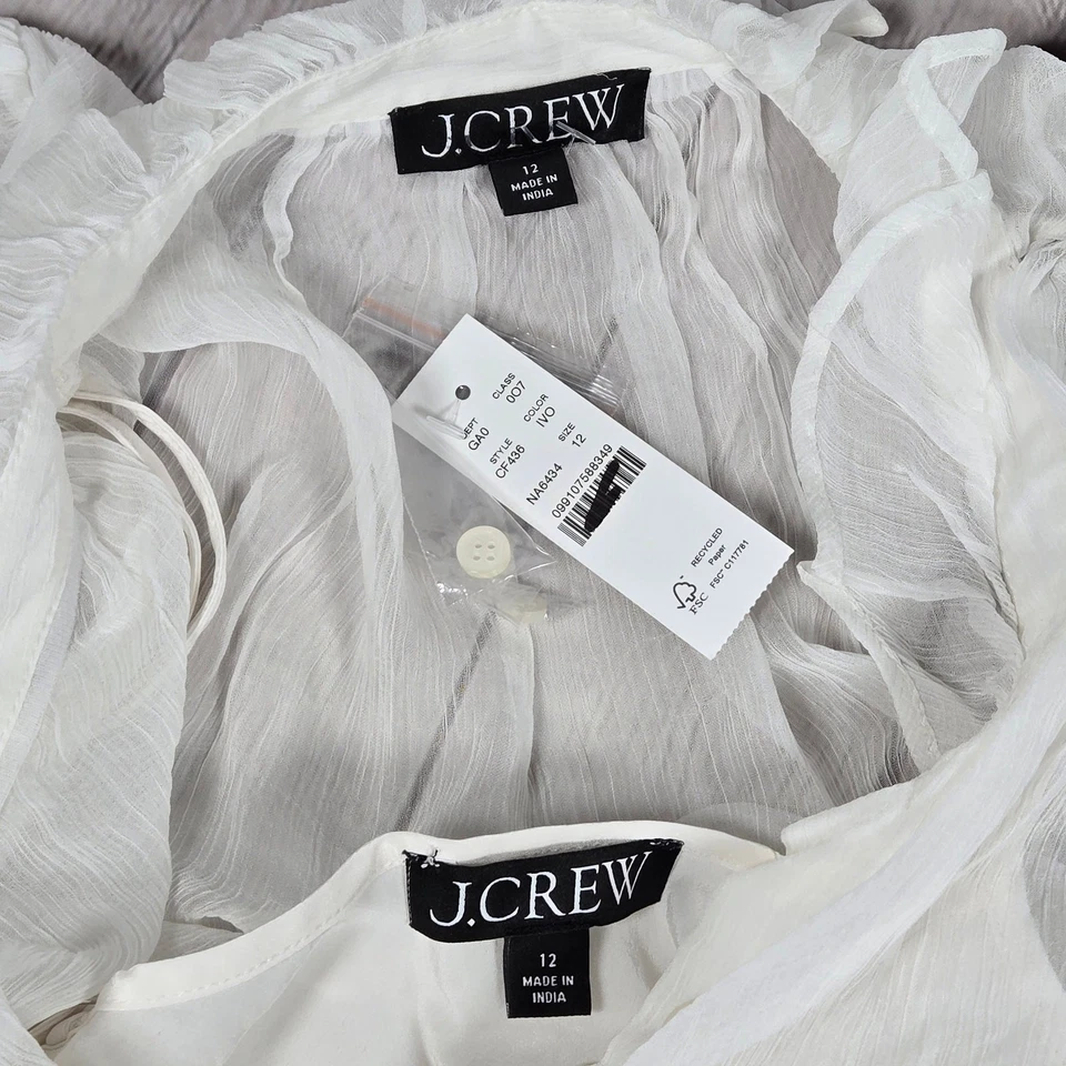 J. Camisa Crew Volantes Abotonada en Gasa Arrugada en Marfil 12 Nueva Con Etiquetas Foto 3 de 4