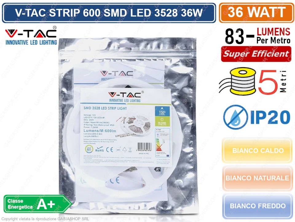 V-TAC STRIP STRISCIA LED MONOCOLORE 5 METRI SMD 3528 120 LED MT IP20 36W 3000 LM - Immagine 2 di 3