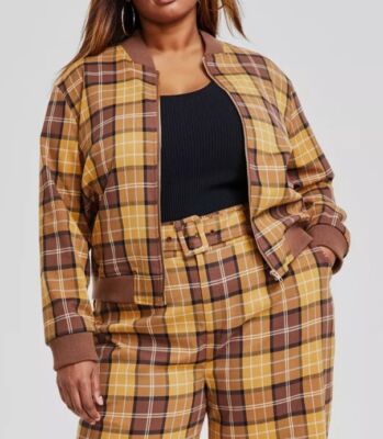 Nina Parker Women's Brown Plaid Lightweight Short Bomber Jacket Plus Size 3X